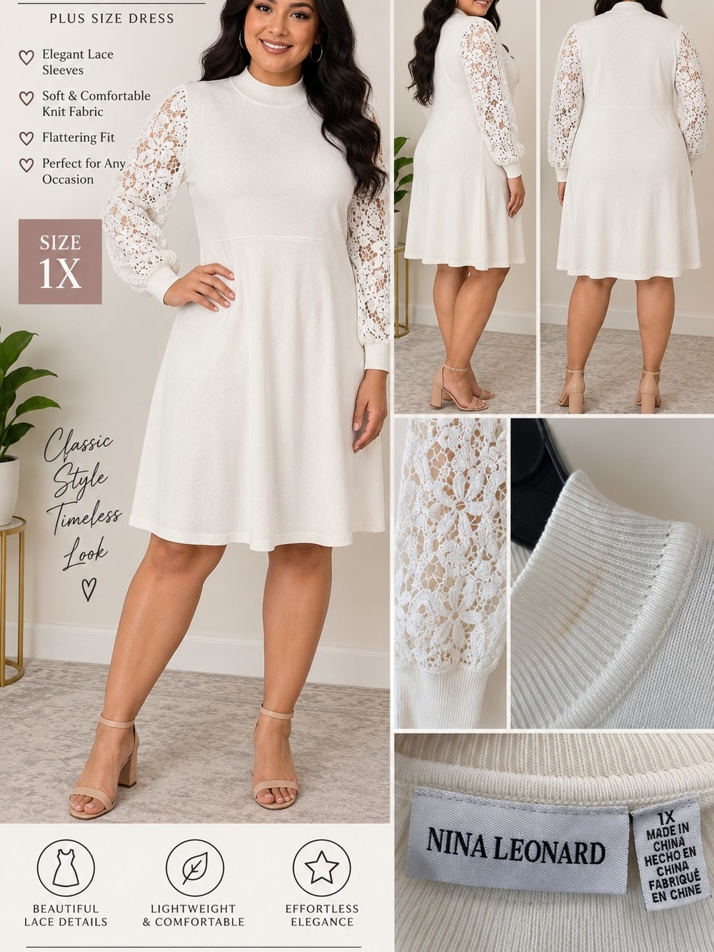 Nina Leonard Ivory Lace-Sleeve Knit Midi Dress